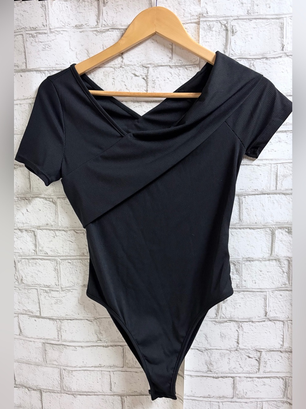 Black Ribbed Short-Sleeve Draped Neck Bodysuit